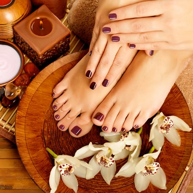 Nail services available: manicure, pedicure and optional hand/foot scrubs